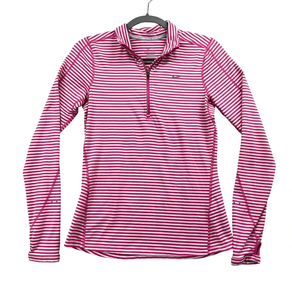 Nike Running Pullover Womens S Pink White Striped Dri-FIT 1/2 Zip Top Athletic